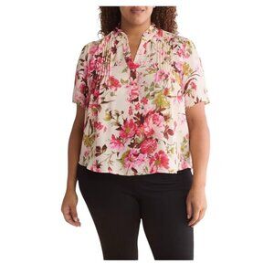 Tahari Womens Ivory Pink Floral Elbow Sleeve PinTuck Blouse Plus Sz 2X New